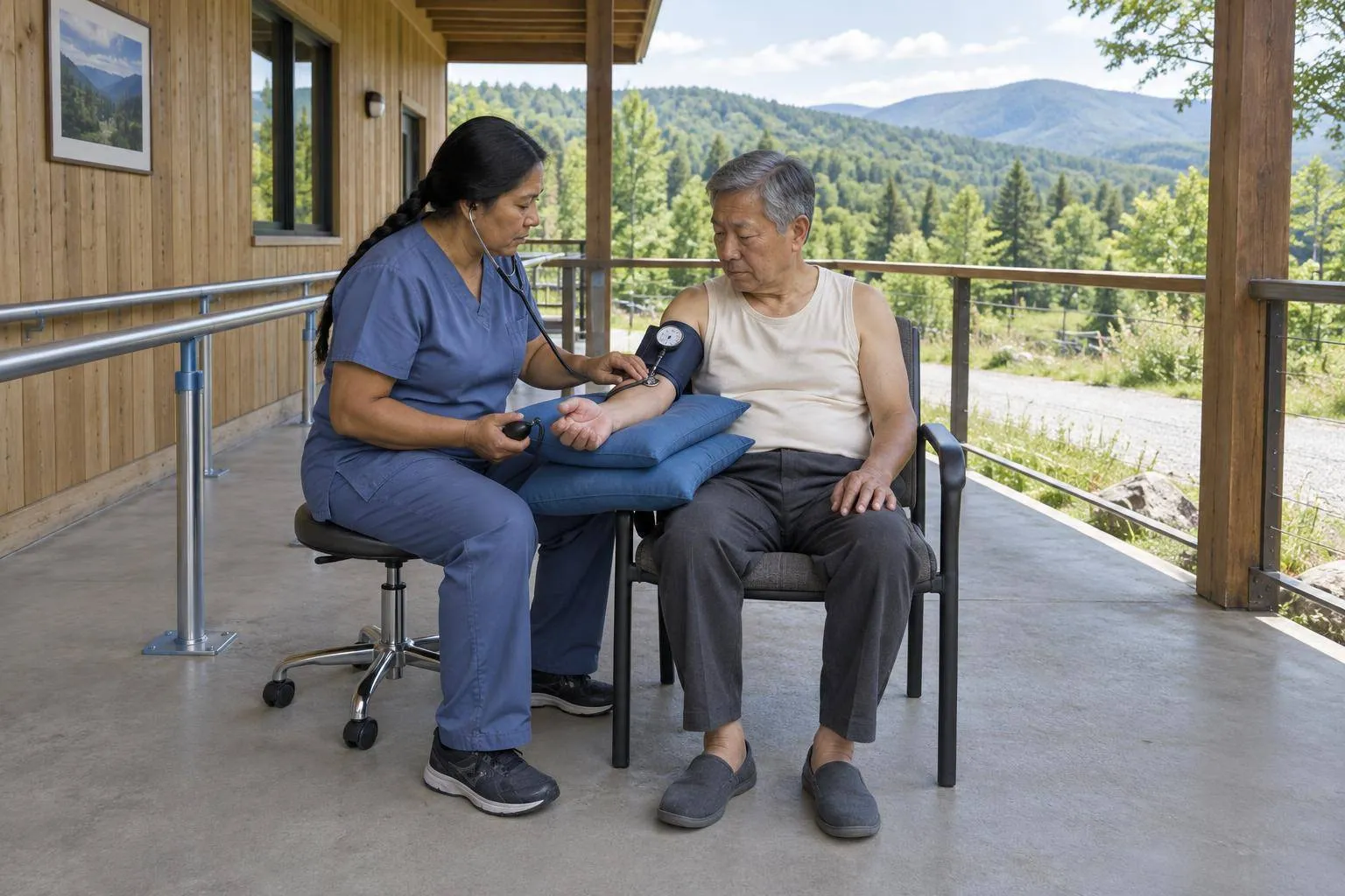 A physician checks a seated patient's blood pressure on a rural hospital terrace overlooking wooded hills.
